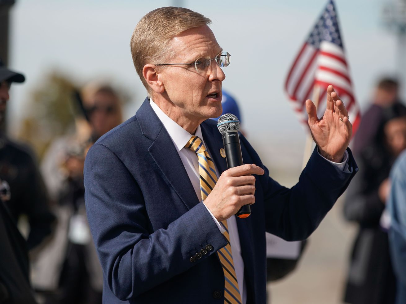 State Rep. Steve Christiansen, R-West Jordan, speaks
during a rally calling for a forensic vote audit at the Capitol in
Salt Lake City on Oct. 20. Christiansen resigned Thursday.