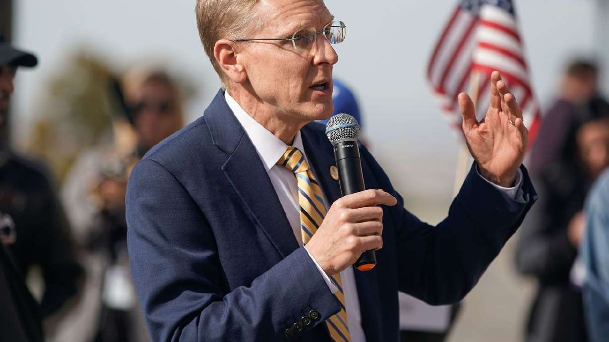 State Rep. Steve Christiansen, R-West Jordan, speaks
during a rally calling for a forensic vote audit at the Capitol in
Salt Lake City on Oct. 20. Christiansen resigned Thursday.