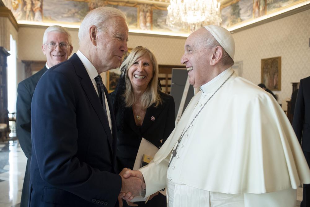 President Joe Biden, left, shakes hands with Pope Francis as they meet at the Vatican, Friday. Biden met with Pope Francis on Friday at the Vatican, where the world’s two most notable Roman Catholics were set to discuss the COVID-19 pandemic, climate change and poverty. 