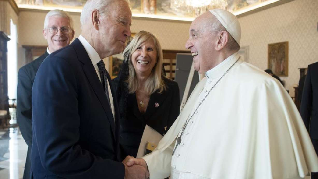 President Joe Biden, left, shakes hands with Pope Francis as they meet at the Vatican, Friday. Biden met with Pope Francis on Friday at the Vatican, where the world’s two most notable Roman Catholics were set to discuss the COVID-19 pandemic, climate change and poverty.