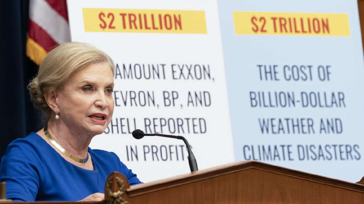 Rep. Carolyn Maloney, D-N.Y., chairwoman of the House
Committee on Oversight and Reform, speaks at a committee hearing on
the role of fossil fuel companies in climate change
"disinformation,” Thursday, on Capitol Hill in
Washington.