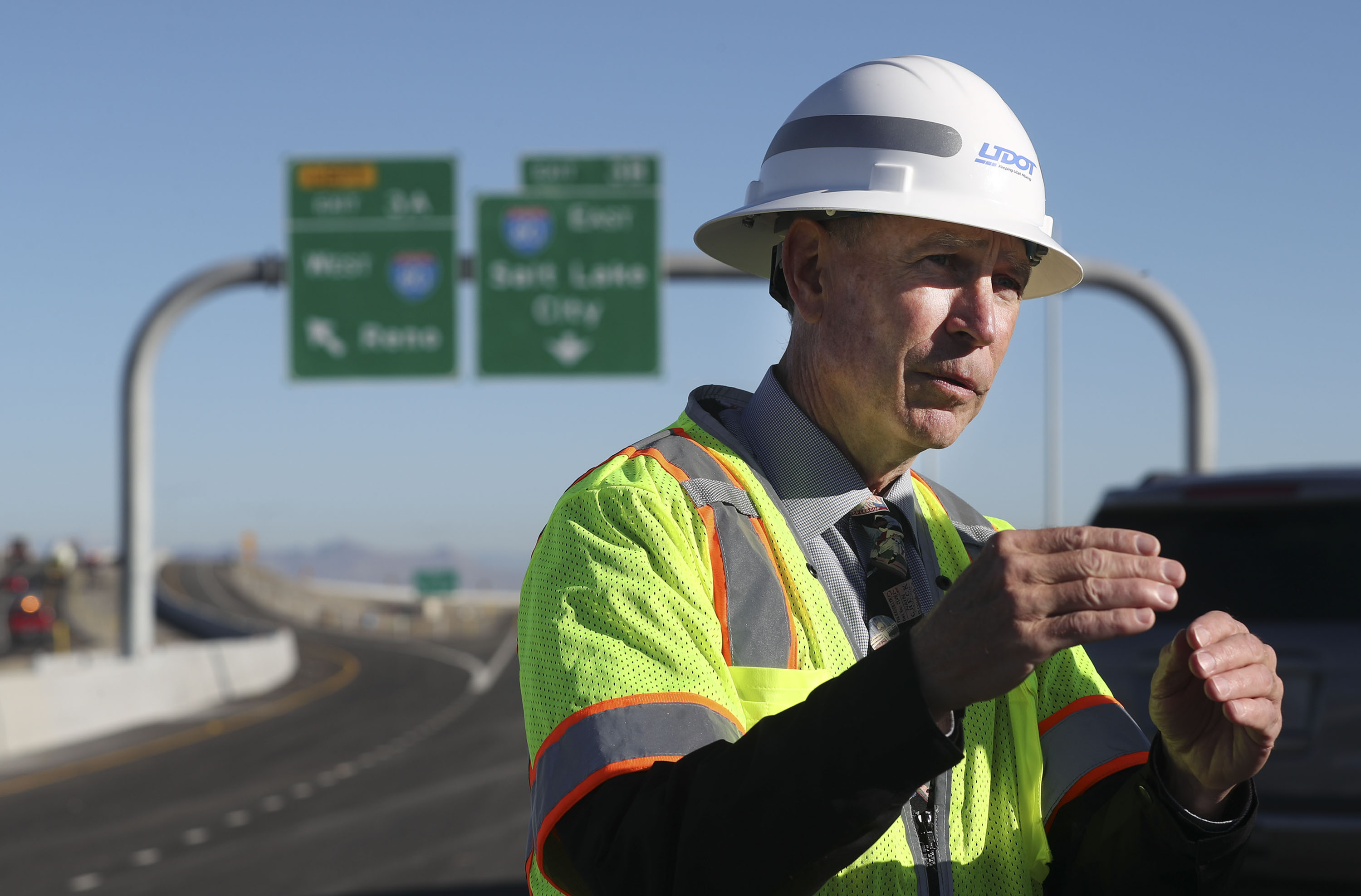 Rep. Merrill Nelson, R-Grantsville, speaks at the opening of the new Midvalley Highway (state Route 179), a highway that will provide Tooele County drivers with better access to I-80, alleviating congestion at the state Route 36 interchange and along S.R. 36, in Tooele on Friday.