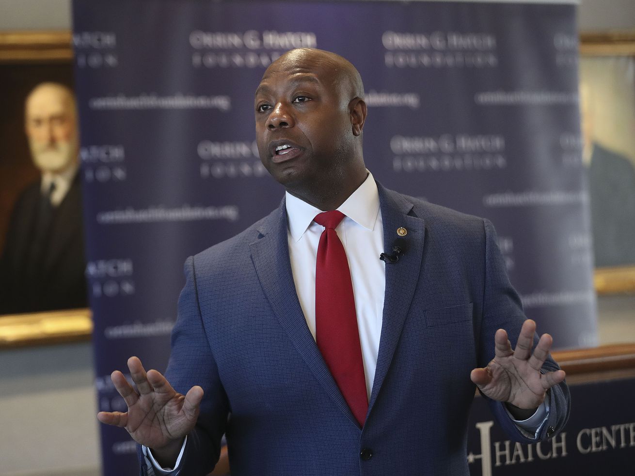 South Carolina Sen. Tim Scott speaks at an Orrin G. Hatch Foundation symposium at Zions Bank Founders Room in Salt Lake City on Friday.