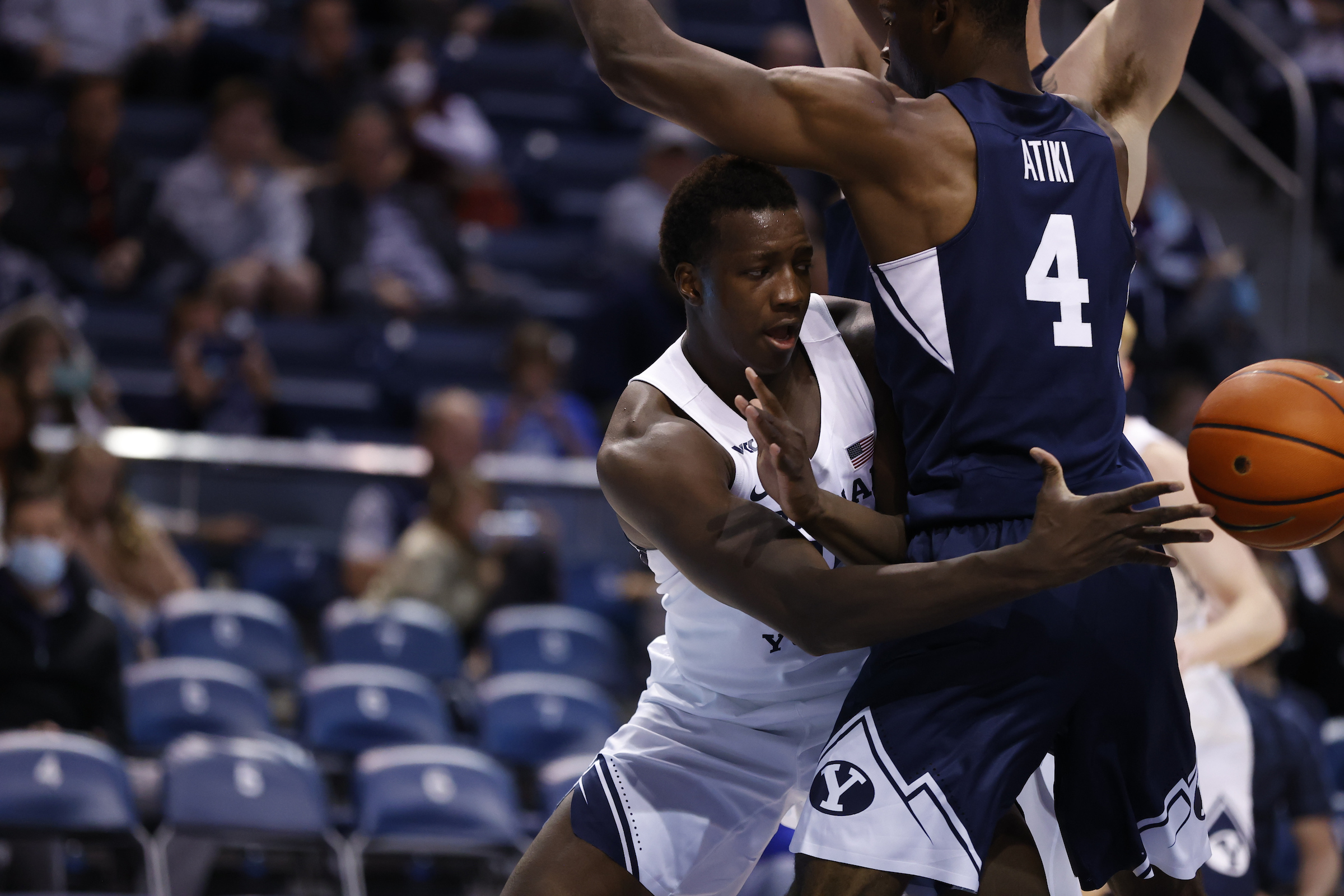 BYU forward Fousseyni Traore passes around Atiki Ally Atiki during the Cougars' annual Blue-White game, Friday, Oct. 29, 2021 in Provo. 