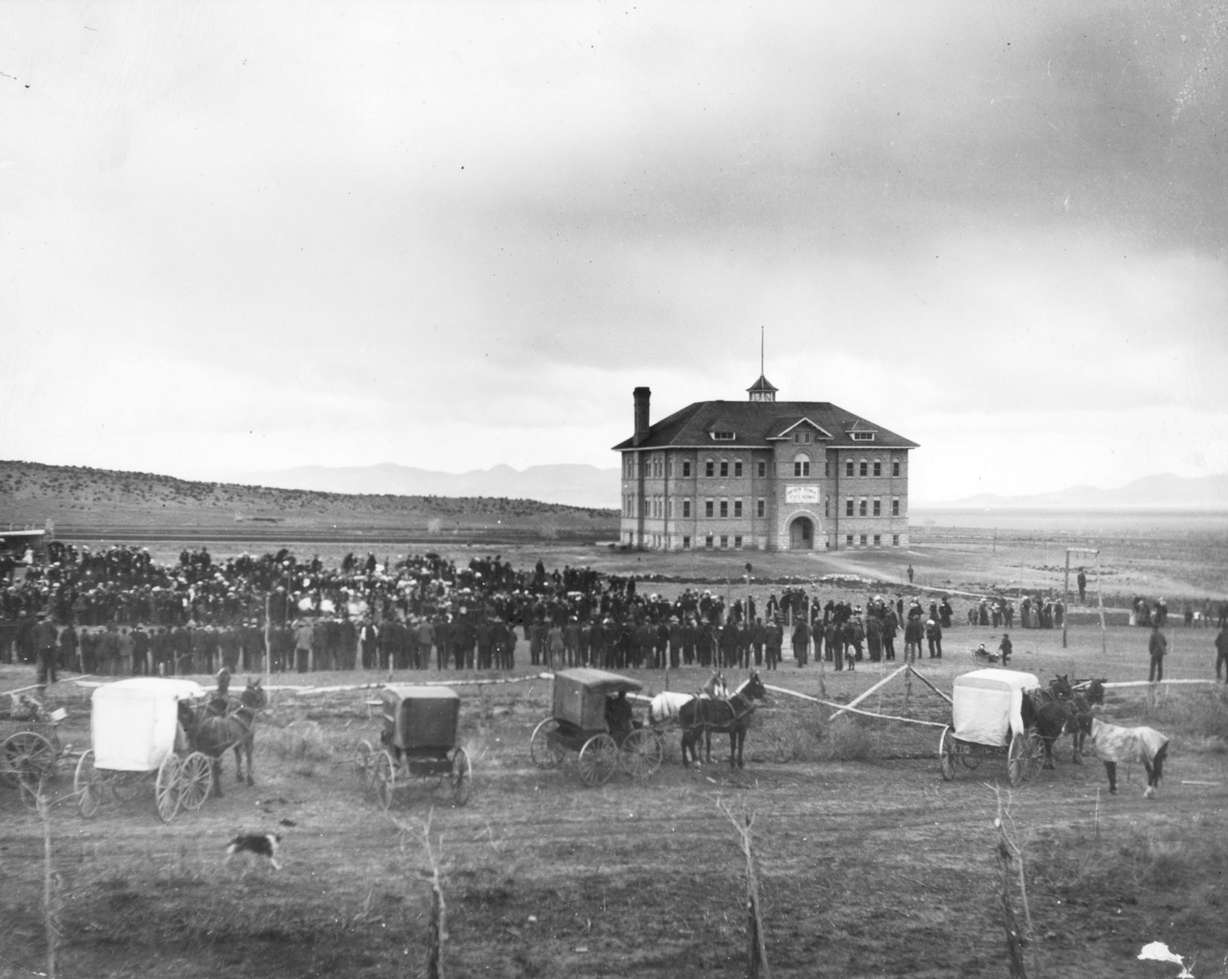 The dedication ceremony for Old Main on the campus of what is now Southern Utah University in 1898. The building is said to be haunted by a ghost named Virginia.