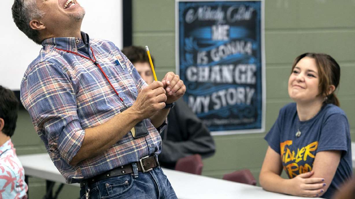 Weber High School theater teacher Mark Daniels laughs as he teaches a beginning theater class at the school in Pleasant View, Weber County, on Sept. 3. Daniels has been named 2022 Utah Teacher of the Year.