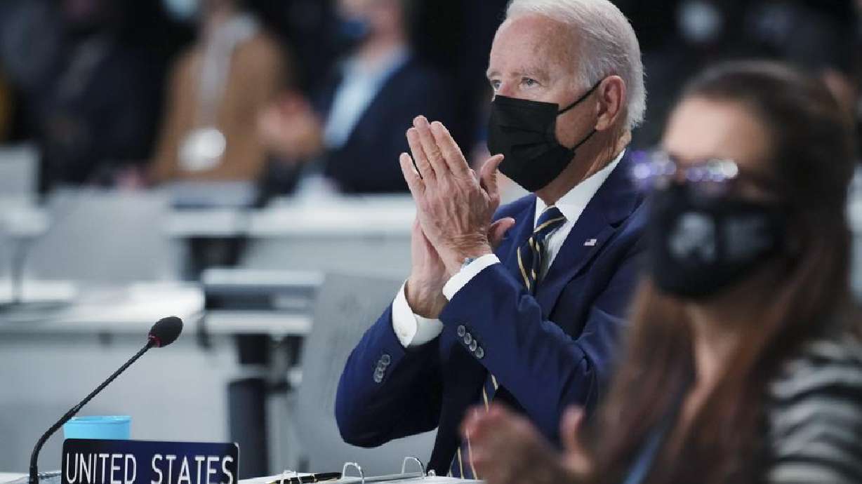 President Joe Biden attends the opening session of the COP26 U.N. Climate Summit, Monday, in Glasgow, Scotland. Biden was swinging the focus of his battle for fast, concerted action against global warming from the U.S. Congress to the world on Monday.