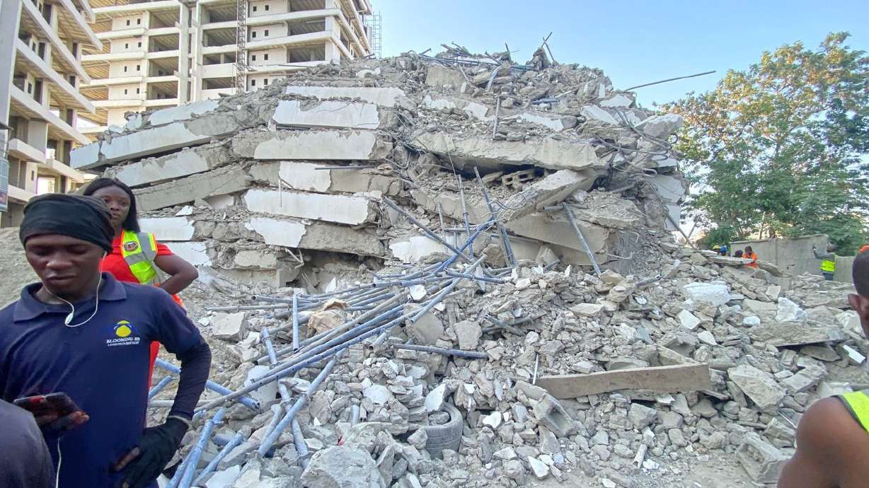 People are feared to be trapped in the ruins of a 22-story building that collapsed in an upmarket area of Nigeria's economic hub, Lagos, on Monday.