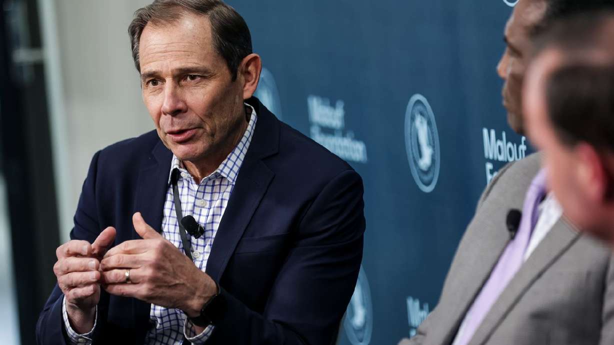 Rep. John Curtis, R-Utah, speaks to journalists during
a recent summit at the Malouf Foundation in Logan on April 17,
2021.