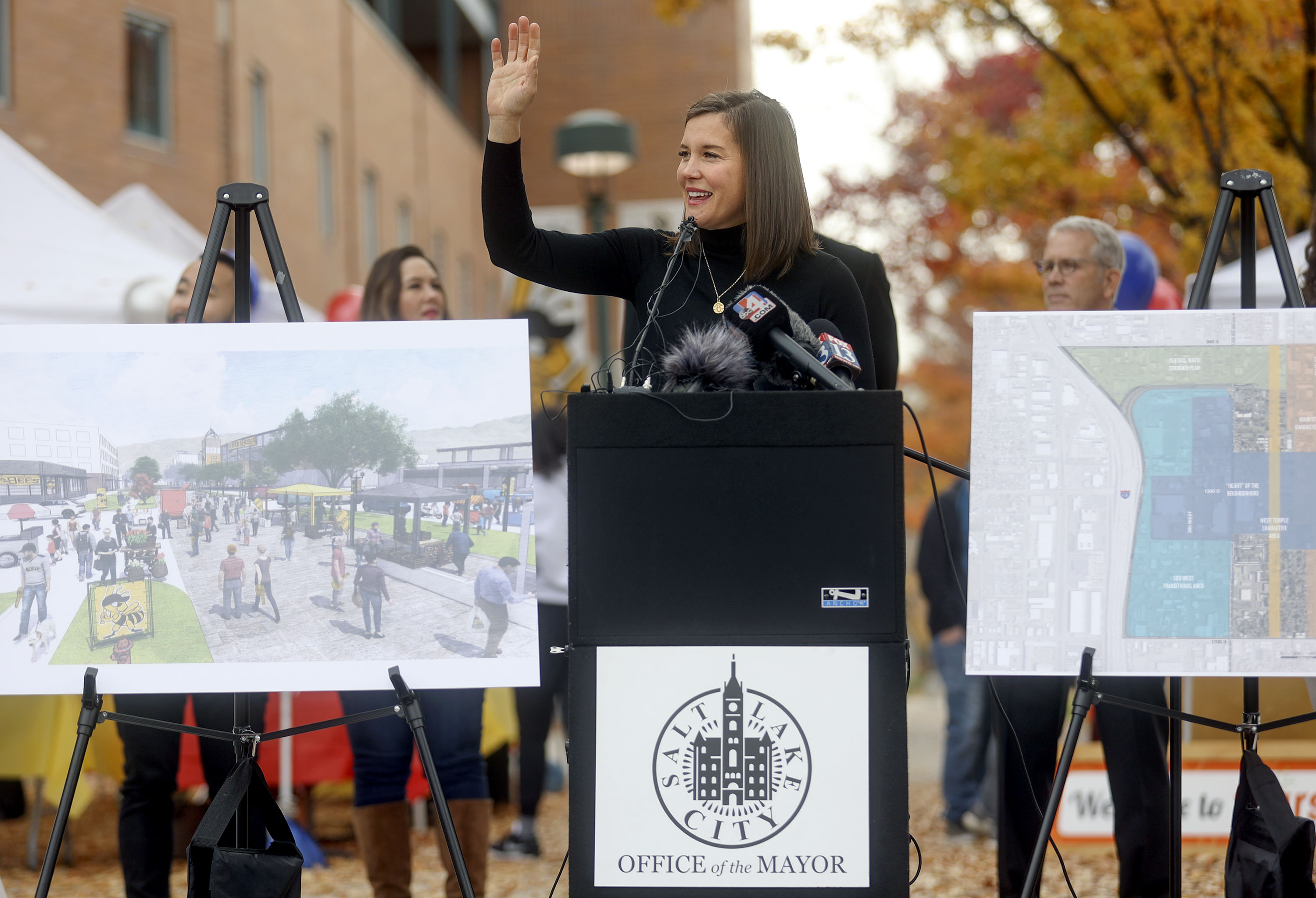 Salt Lake City Mayor Erin Mendenhall speaks during a press conference to announce new plans for the Ballpark neighborhood, including a new library, in Salt Lake City on Monday.