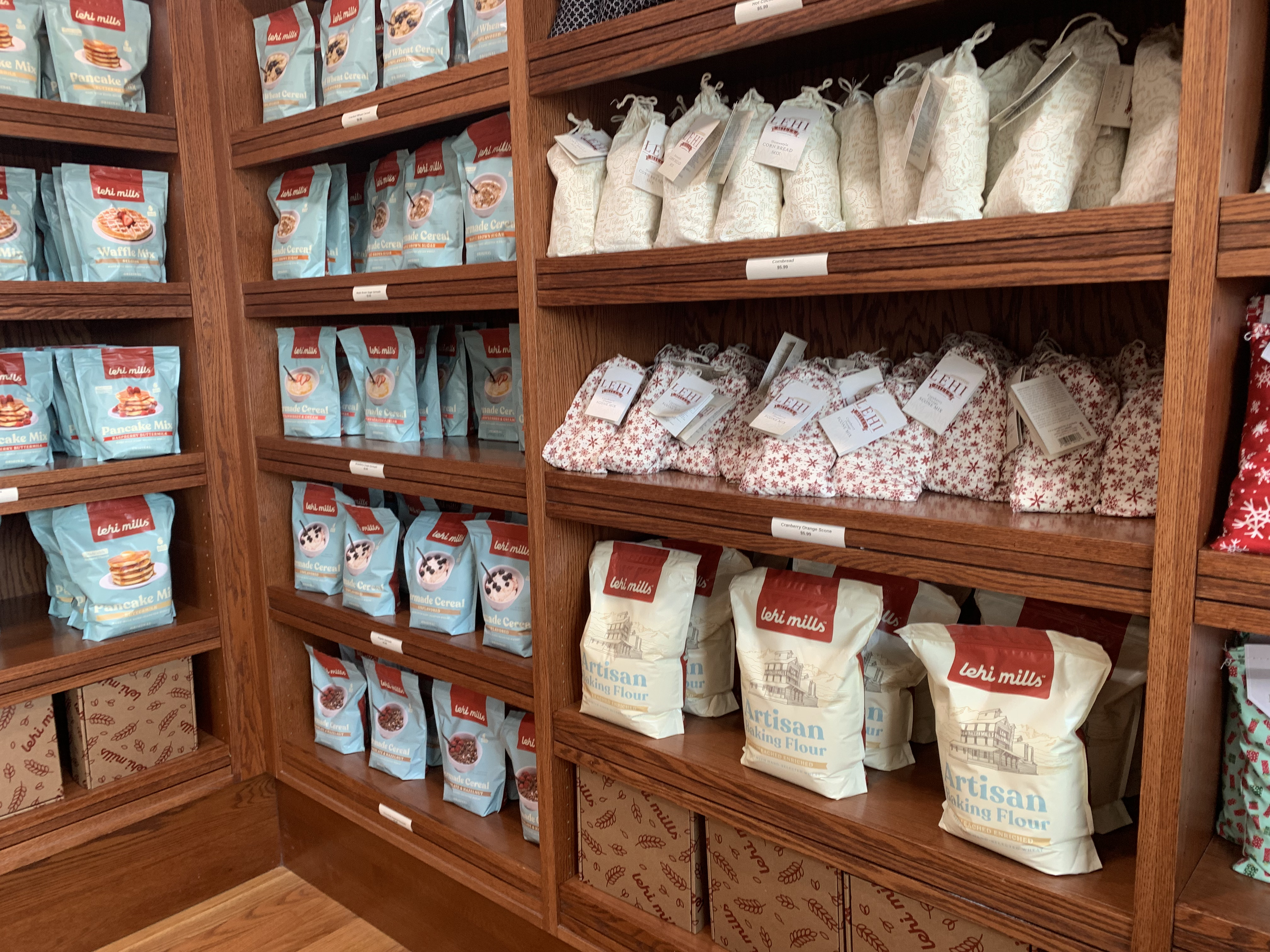 Shelves in the Lehi Mills shop in Utah County. Lehi Mills unveiled new branding and products on Wednesday.