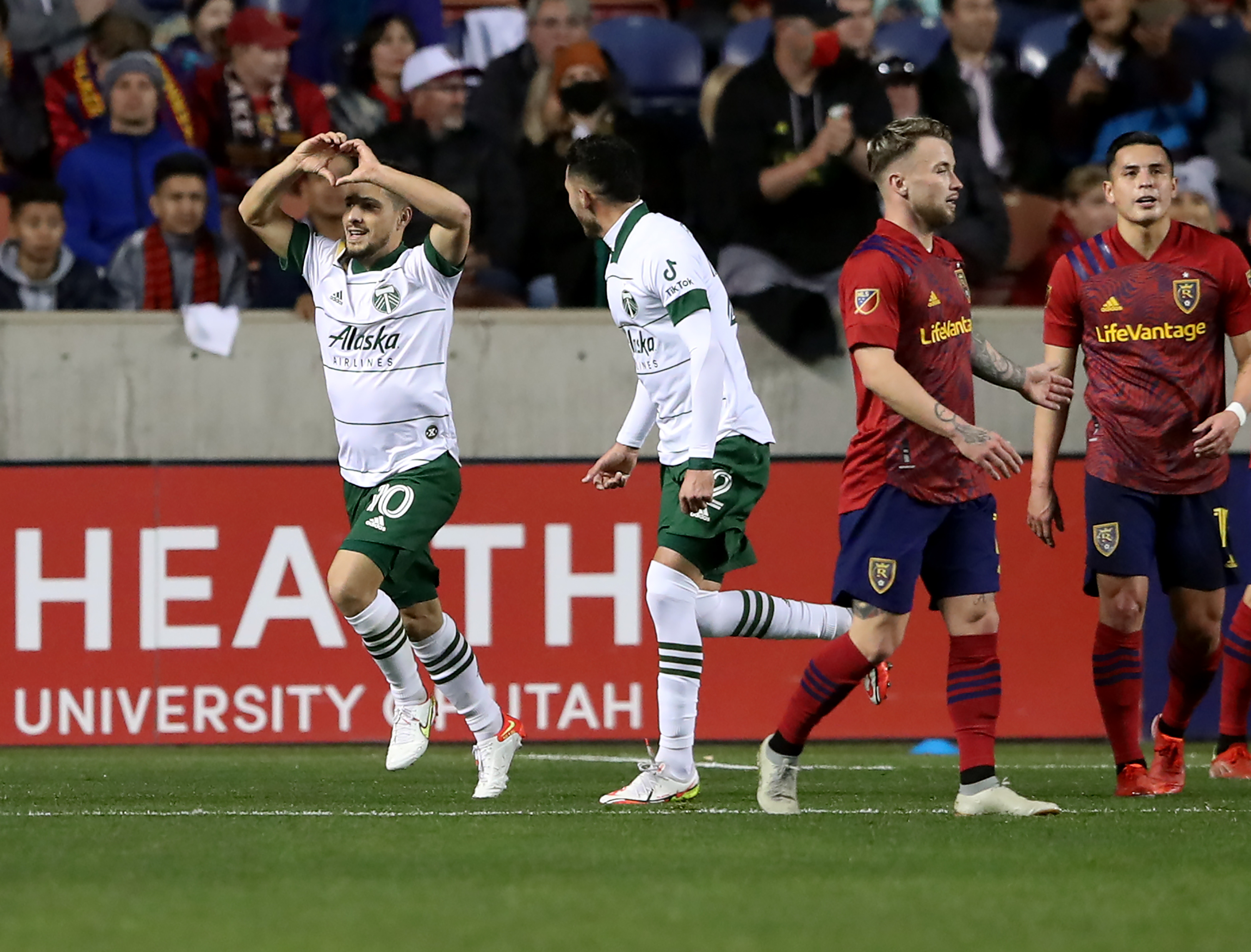 Portland Timbers midfielder Sebastian Blanco (10) celebrates a goal as they and Real Salt Lake play at Rio Tinto Stadium in Sandy Wednesday, Nov. 3, 2021.