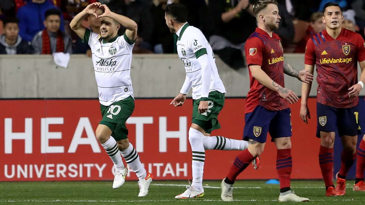 Portland Timbers midfielder Sebastian Blanco (10) celebrates a goal as they and Real Salt Lake play at Rio Tinto Stadium in Sandy Wednesday, Nov. 3, 2021.