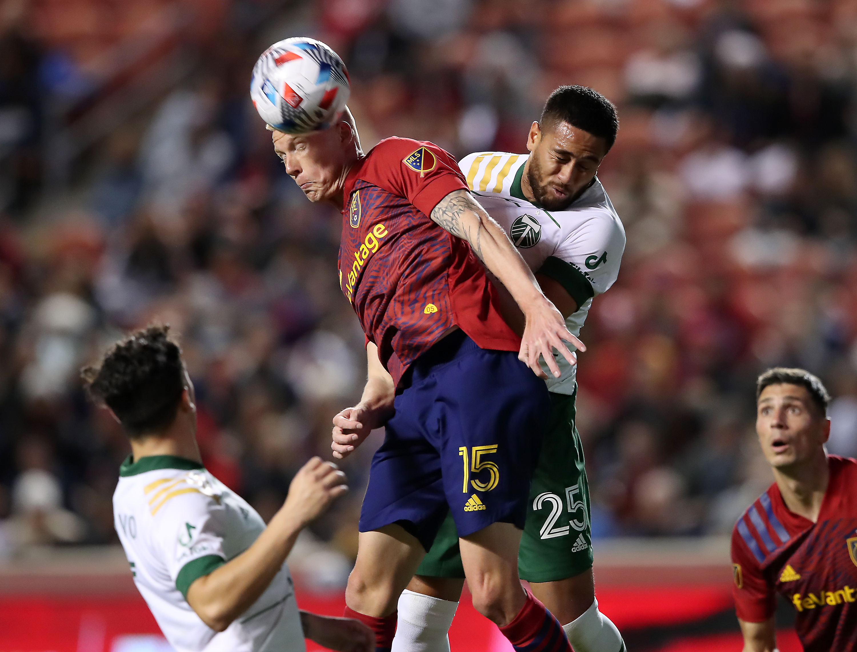 Real Salt Lake defender Justen Glad (15) and Portland Timbers defender Bill Tuiloma (25) jockey for the ball in front of the Timbers’ goal as Real Salt Lake and the Portland Timbers play at Rio Tinto Stadium in Sandy Wednesday, Nov. 3, 2021.