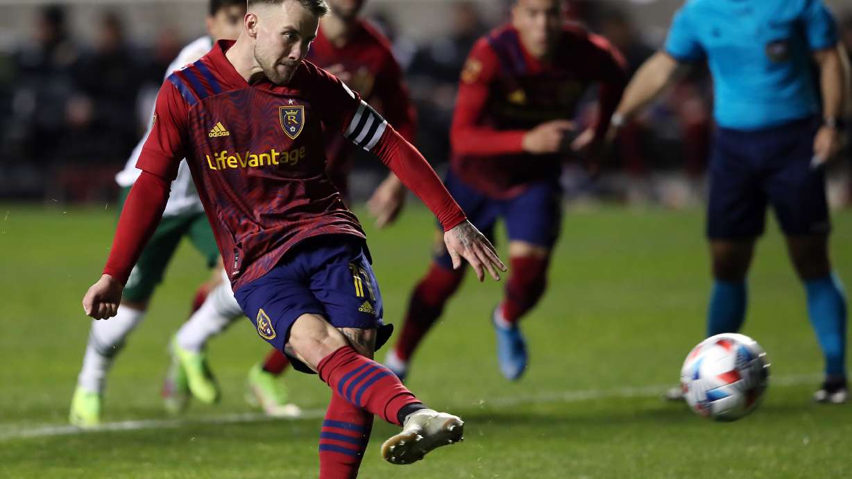 Real Salt Lake midfielder Albert Rusnak (11) kicks a penalty kick goal as Real Salt Lake and the Portland Timbers play at Rio Tinto Stadium in Sandy Wednesday, Nov. 3, 2021. Timbers won 3-1.