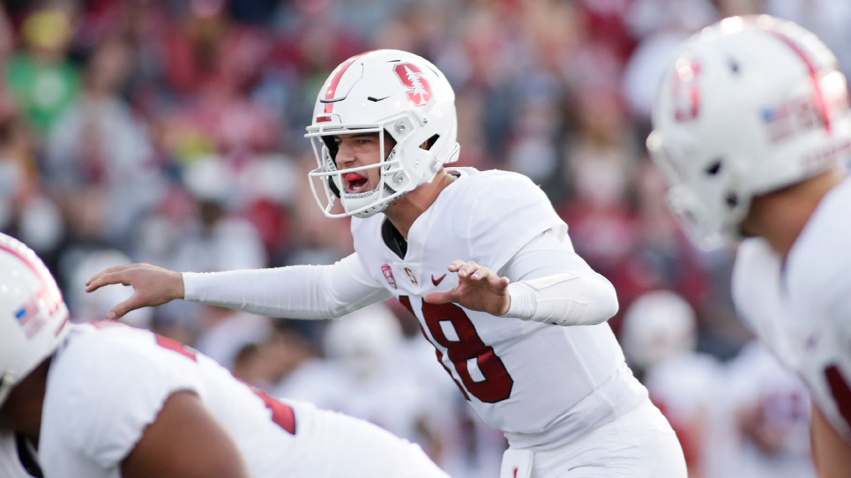 Stanford quarterback Tanner McKee, center, calls a play during game against Washington State, on Oct. 16 in Pullman, Wash. The Stanford QB is “questionable” for Friday night’s game against the Utes because of an injury.