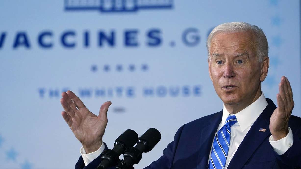 President Joe Biden speaks about COVID-19 vaccinations after touring a Clayco Corp. construction site for a Microsoft data
center in Elk Grove Village, Ill., Thursday, Oct. 7. Sen. Mike Lee continued his fight in the Senate against Biden’s vaccine mandate for businesses, and Utah is geared up to challenge the administration’s new rules released Thursday in court.