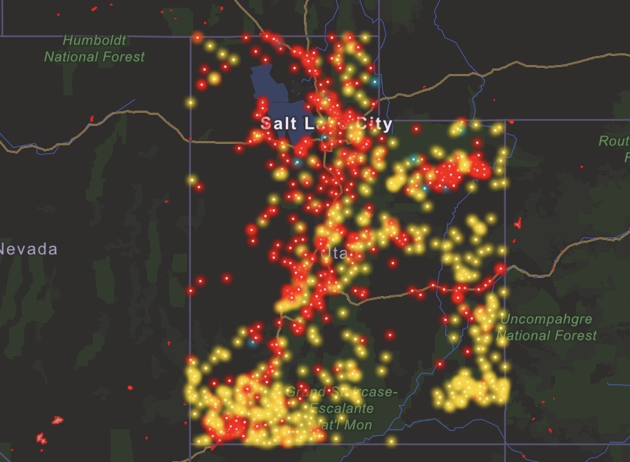 This map shows the placement of Utah's 1,131 wildfires through Oct. 31, 2021. The red dots indicate human-caused fires, the yellow indicate natural-caused fires, while blue indicates unknown cause.