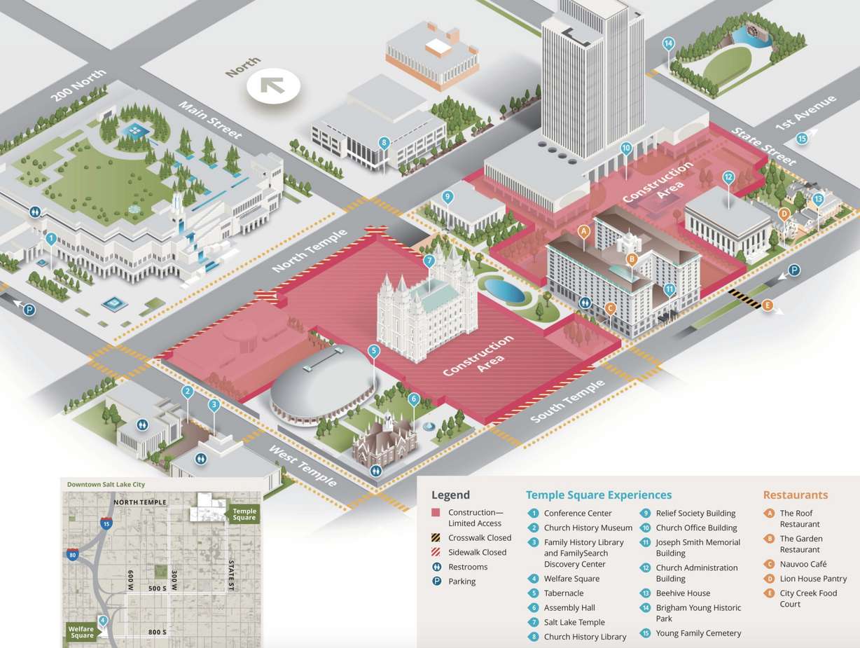 This map shows Temple Square closures, as a result of ongoing construction. The Church of Jesus Christ of Latter-day Saints said it's annual Christmas lights display will be more "limited" this year.