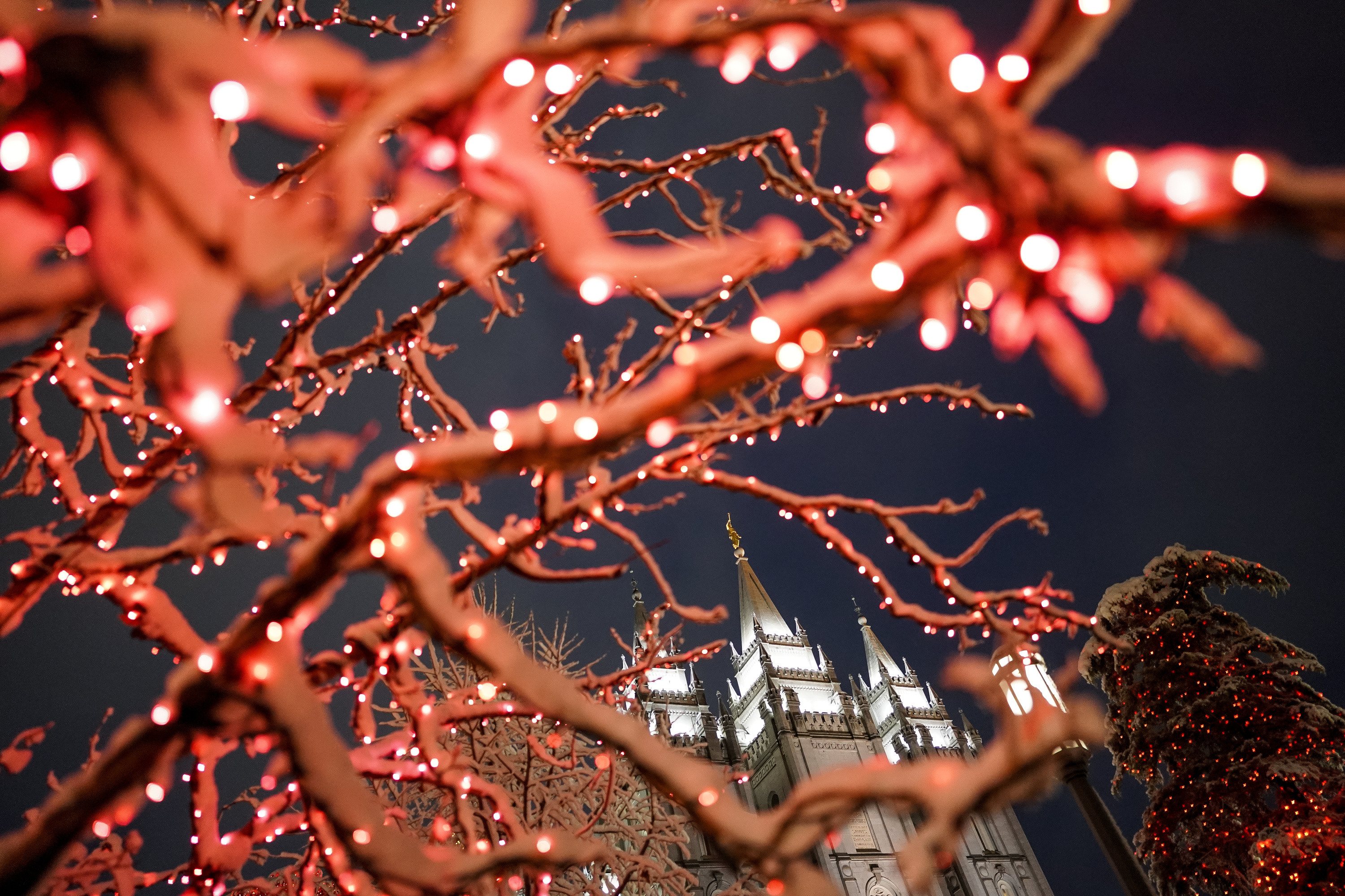 The Salt Lake Temple of The Church of Jesus Christ of Latter-day Saints is pictured at Temple Square in Salt Lake City on Nov. 29, 2019. The lights will return in 2021 with a "limited" display due to ongoing construction.