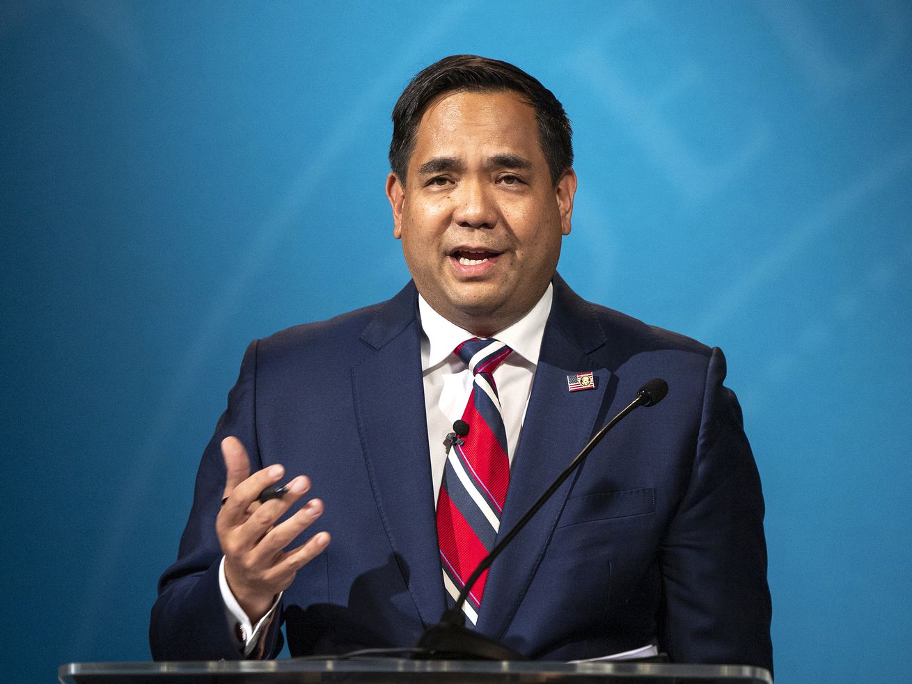 Utah Attorney General Sean Reyes speaks during a debate on Oct. 21, 2020. Reyes has tested positive for COVID-19, his office announced Monday.