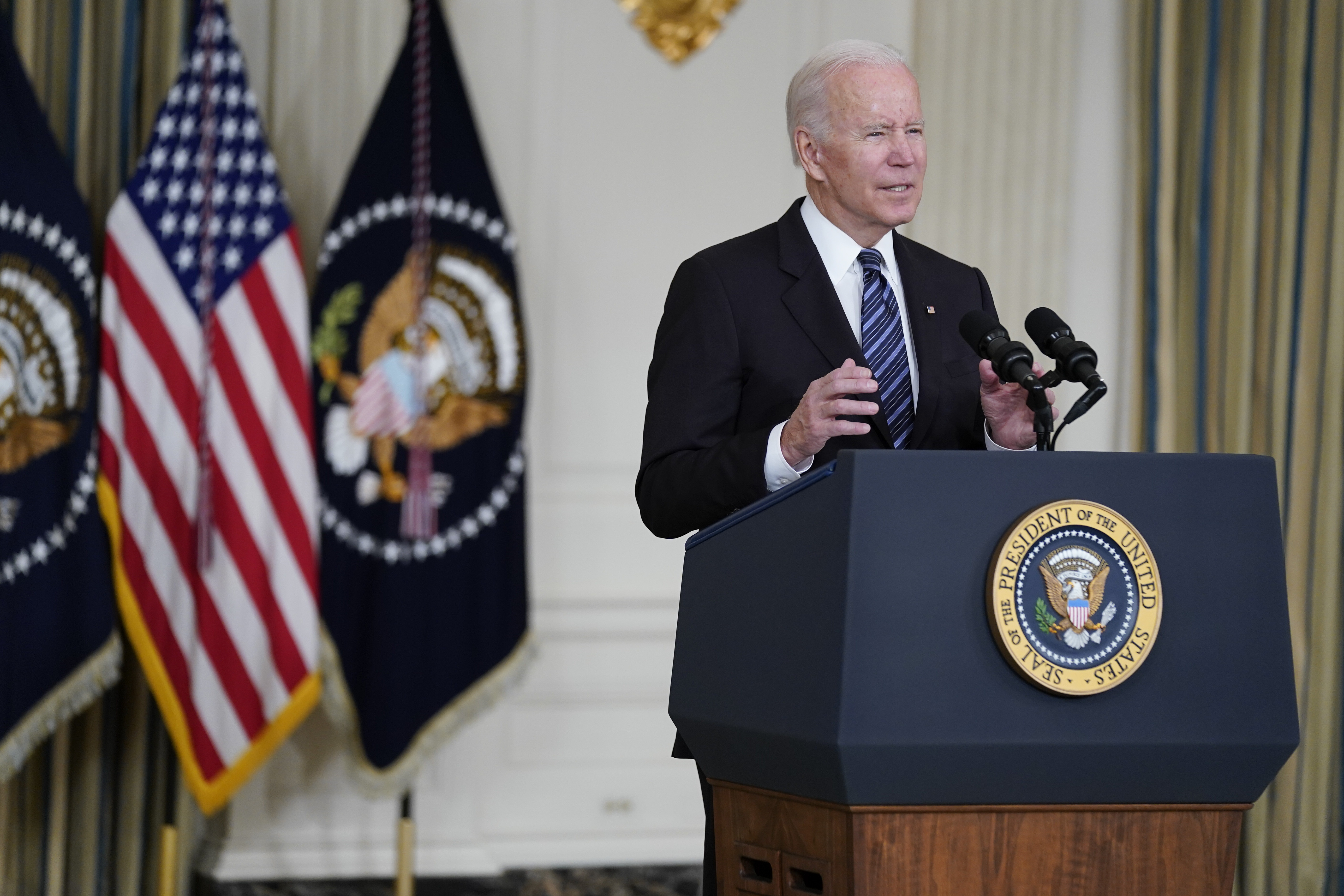 President Joe Biden delivers remarks on the October jobs report from the State Dining Room of the White House, Friday, Nov. 5, 2021, in Washington. Utah joined four other states Friday in asking a federal appeals court in Texas to review President Joe Biden's COVID-19 new vaccination rules for large businesses.