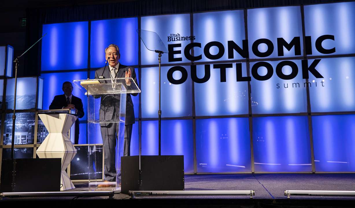 Bill Child, chairman of the board of RC Willey, speaks during the Utah Business Magazine Economic Outlook Summit at the Grand America Hotel in Salt Lake City on Friday.