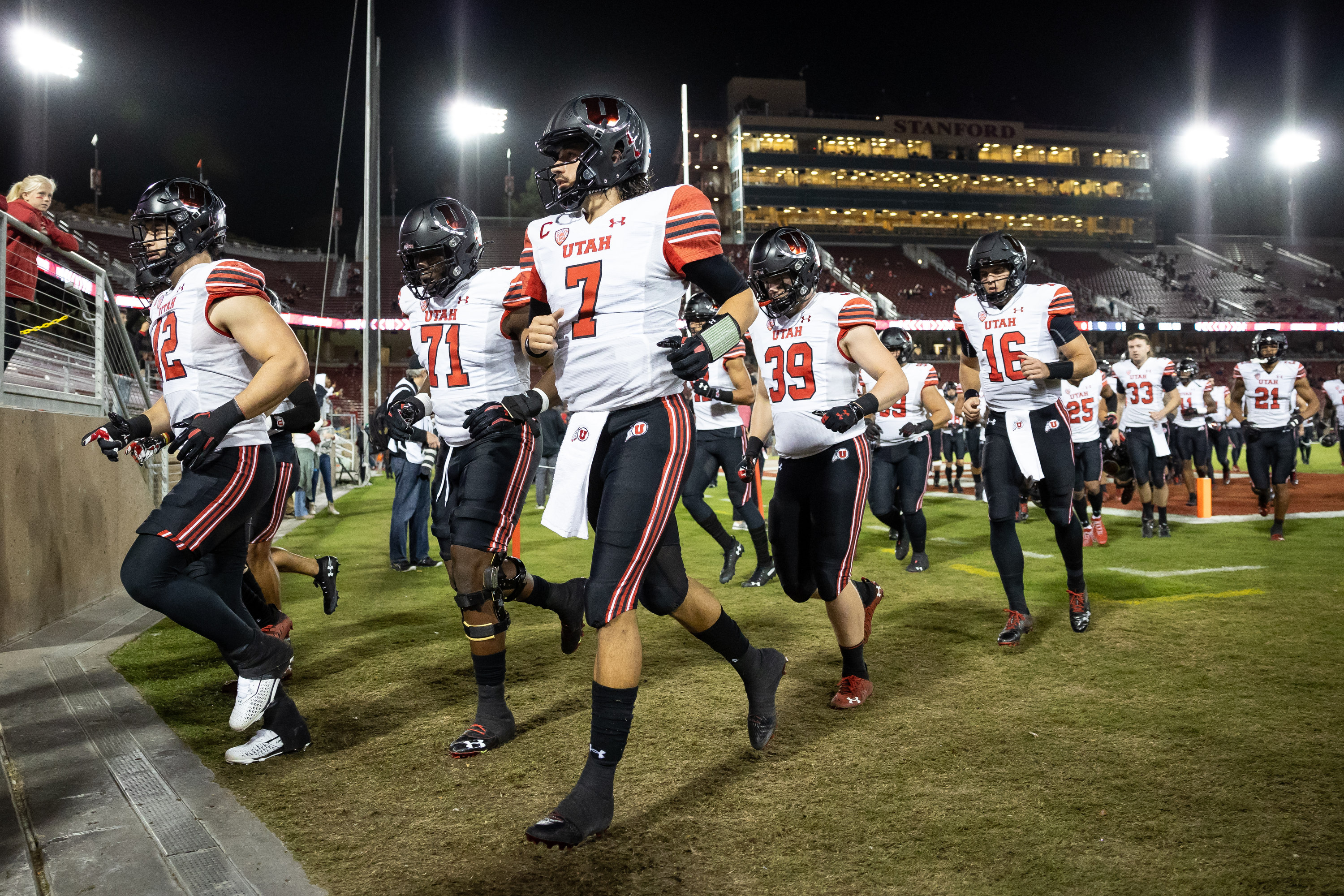 Utah Utes quarterback Cameron Rising (7) warms up before the game against the Stanford Cardinal in Stanford, Calif., on Friday, Nov. 5, 2021.
