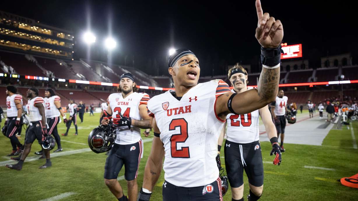 Utah Utes running back Micah Bernard (2) and teammates leave the field after beating the Stanford Cardinal in Stanford, Calif. on Friday, Nov. 5, 2021.
