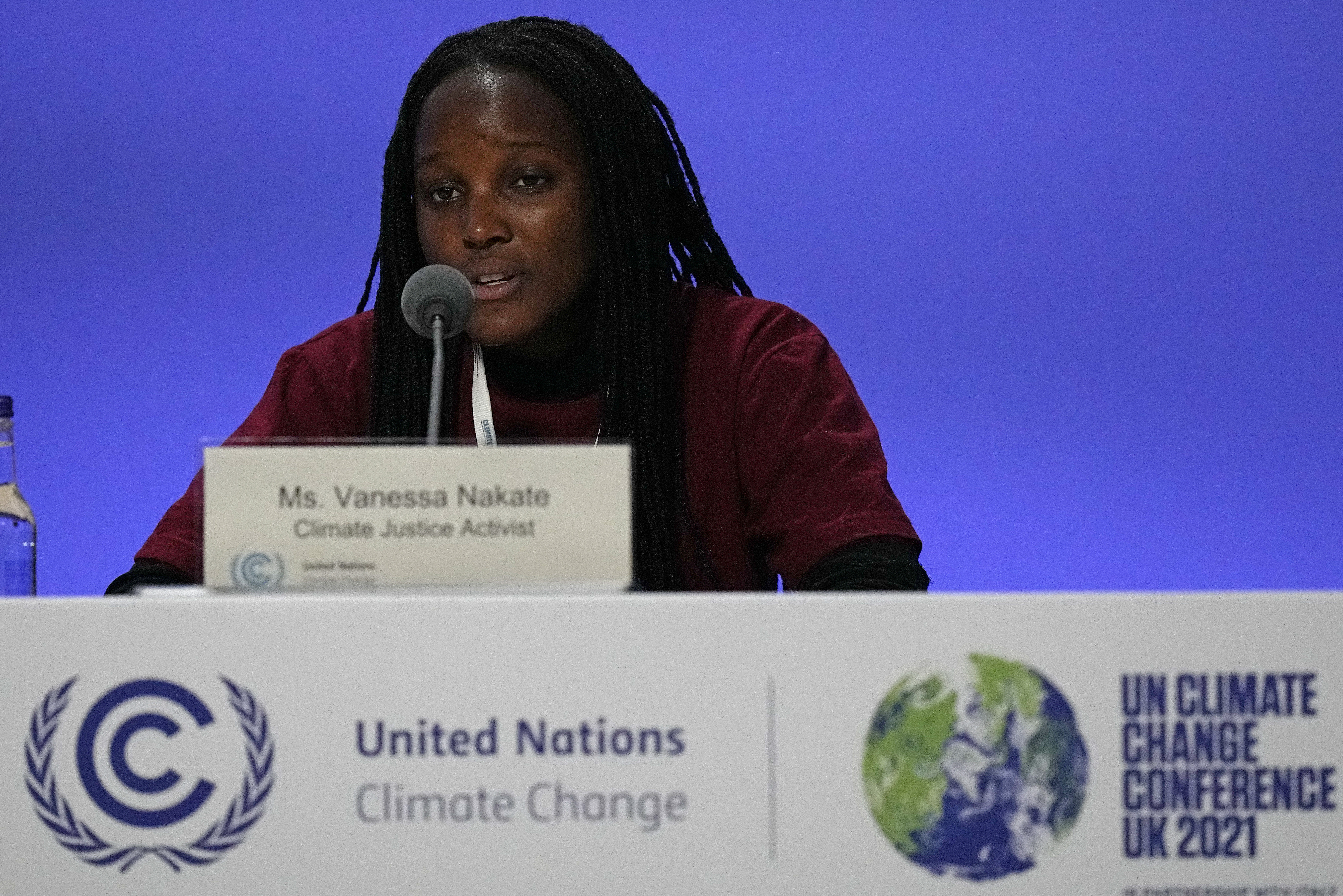 Climate activist Vanessa Nakate speaks at a meeting at the COP26 U.N. Climate Summit in Glasgow, Scotland, Saturday. The U.N. climate summit in Glasgow gathers leaders from around the world, in Scotland's biggest city, to lay out their vision for addressing the common challenge of global warming. 