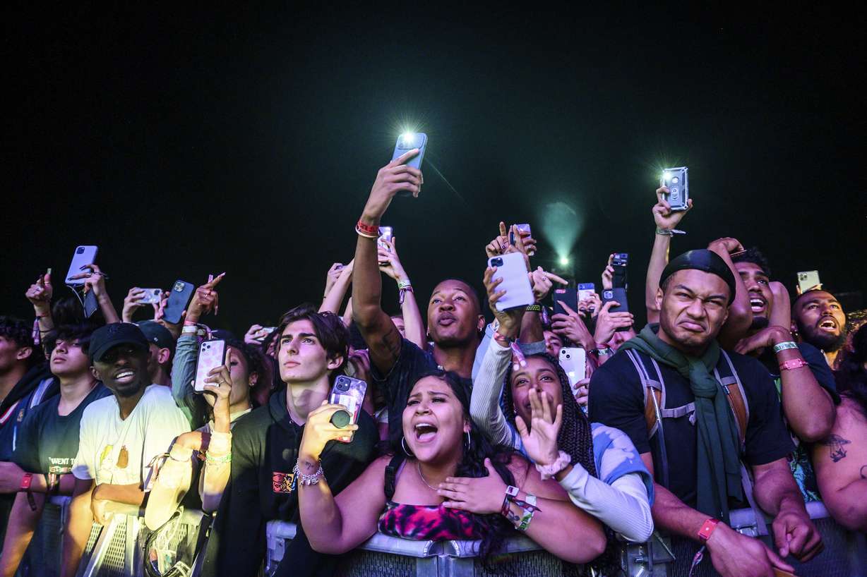 The crowd watches as Travis Scott performs at Astroworld Festival at NRG park on Friday, Nov. 5, 2021.