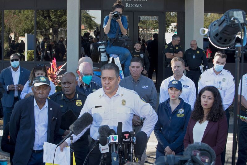 Houston Fire Chief Samuel Pena addresses the news media, the day after a deadly crush of fans during a performance by rapper Travis Scott at the Astroworld Festival, in Houston, Texas, Saturday.
