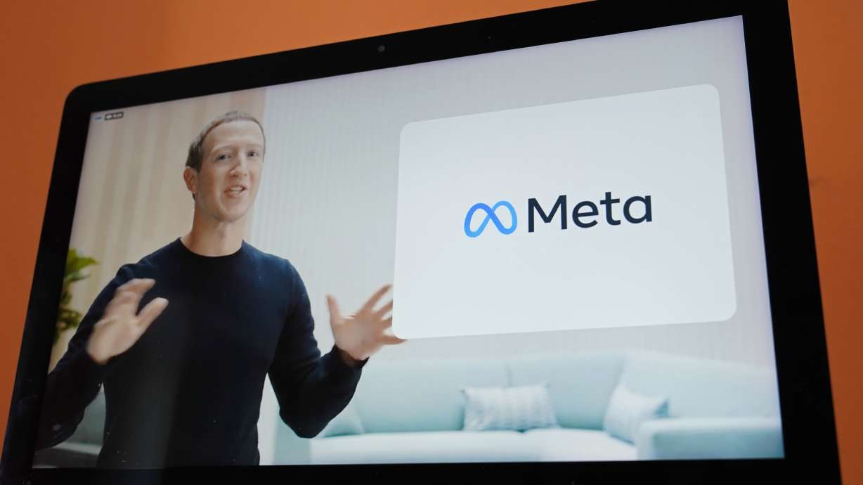 Seen on the screen of a device in Sausalito, Calif., Facebook CEO Mark Zuckerberg announces the company's new name, Meta, during a virtual event on Thursday, Oct. 28. Zuckerberg promises that the virtual-reality “metaverse” he’s planning to build will “let you do almost anything.”