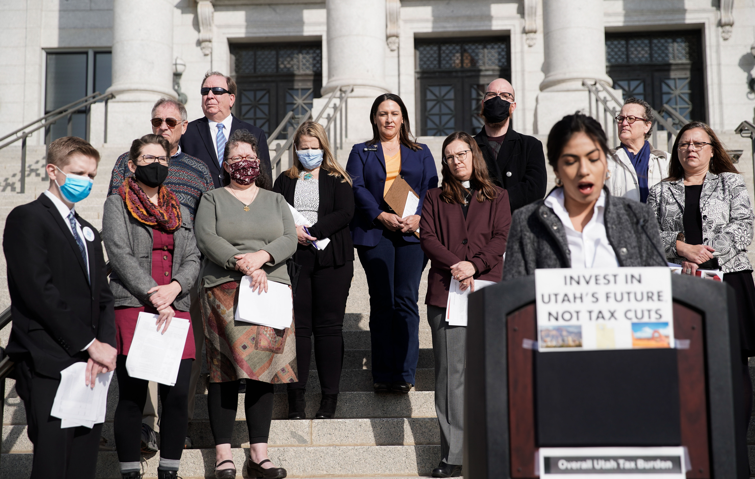 Local representatives and service providers attend a press conference at the Capitol in Salt Lake City on Monday, calling on the Utah Legislature to avoid further tax cuts and develop a comprehensive plan to address the state’s unmet needs.