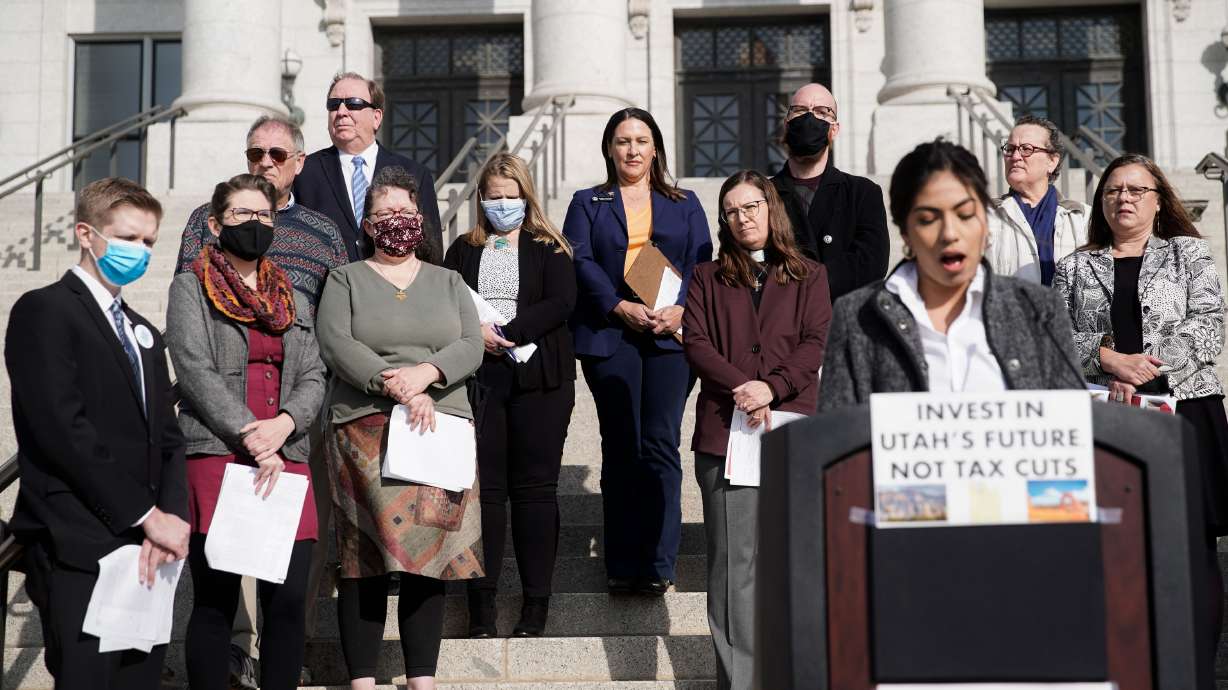 Local representatives and service providers attend a press conference at the Capitol in Salt Lake City on Monday, calling on the Utah Legislature to avoid further tax cuts and develop a comprehensive plan to address the state’s unmet needs.