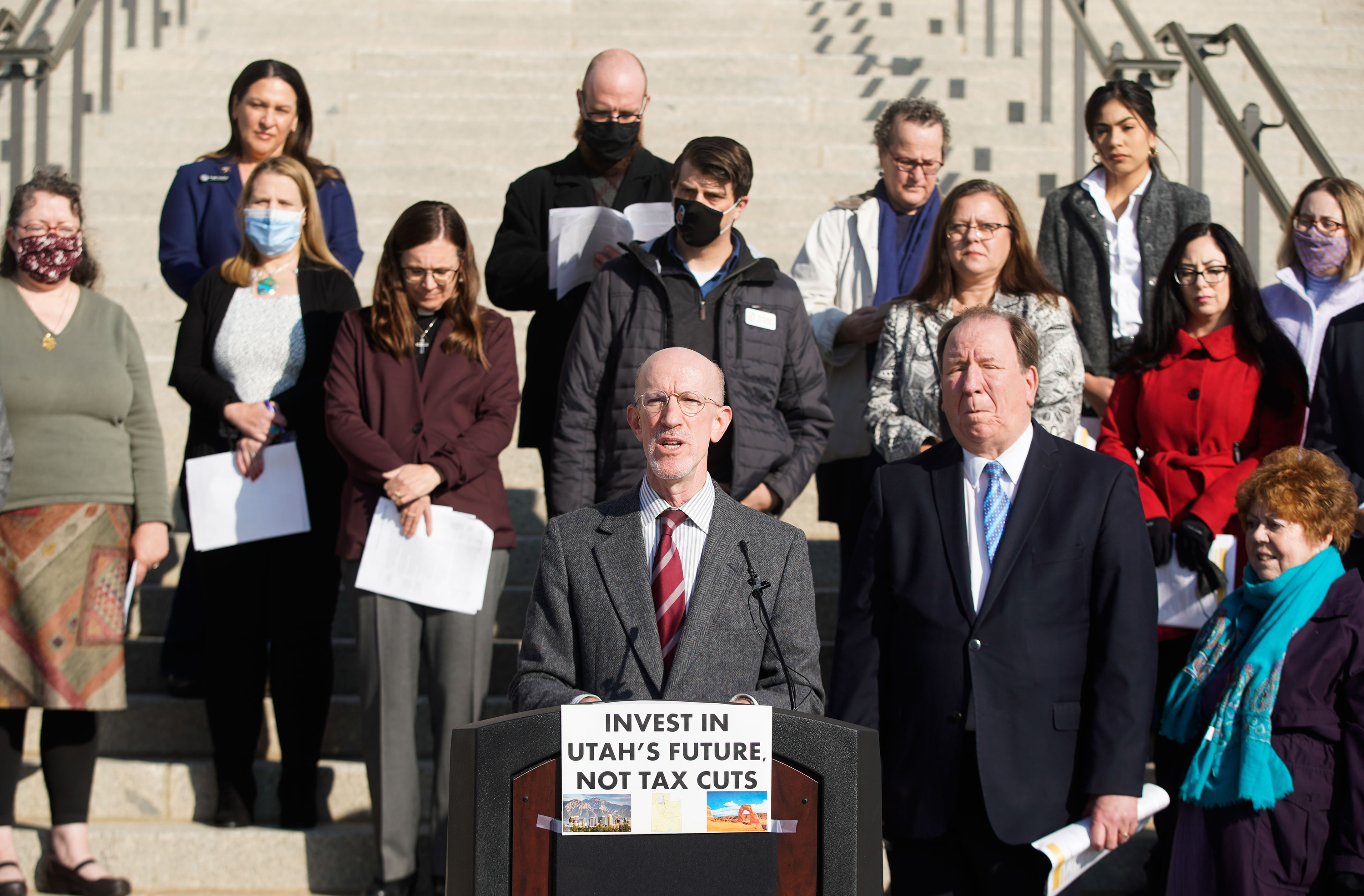 Matthew Weinstein, state priorities partnership director for Voices for Utah Children, calls on the Utah Legislature to avoid further tax cuts and develop a comprehensive plan to address the state’s unmet needs during a press conference at the Capitol in Salt Lake City on Monday.