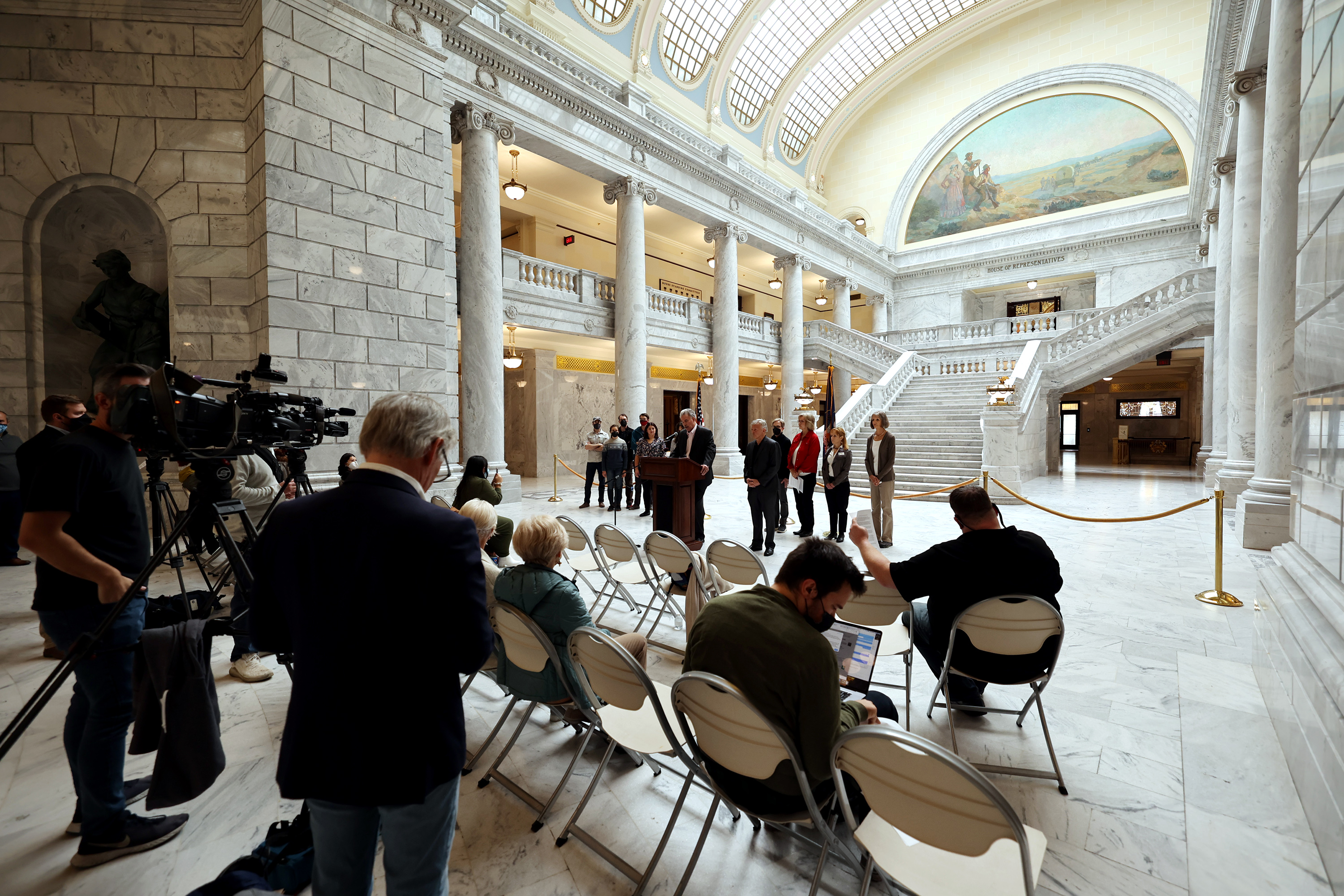 Scott Young urges lawmakers and Gov. Spencer Cox to adopt voting maps from the state's Independent Redistricting Commission during a press conference at the Capitol in Salt Lake City on Monday, Nov. 8, 2021.