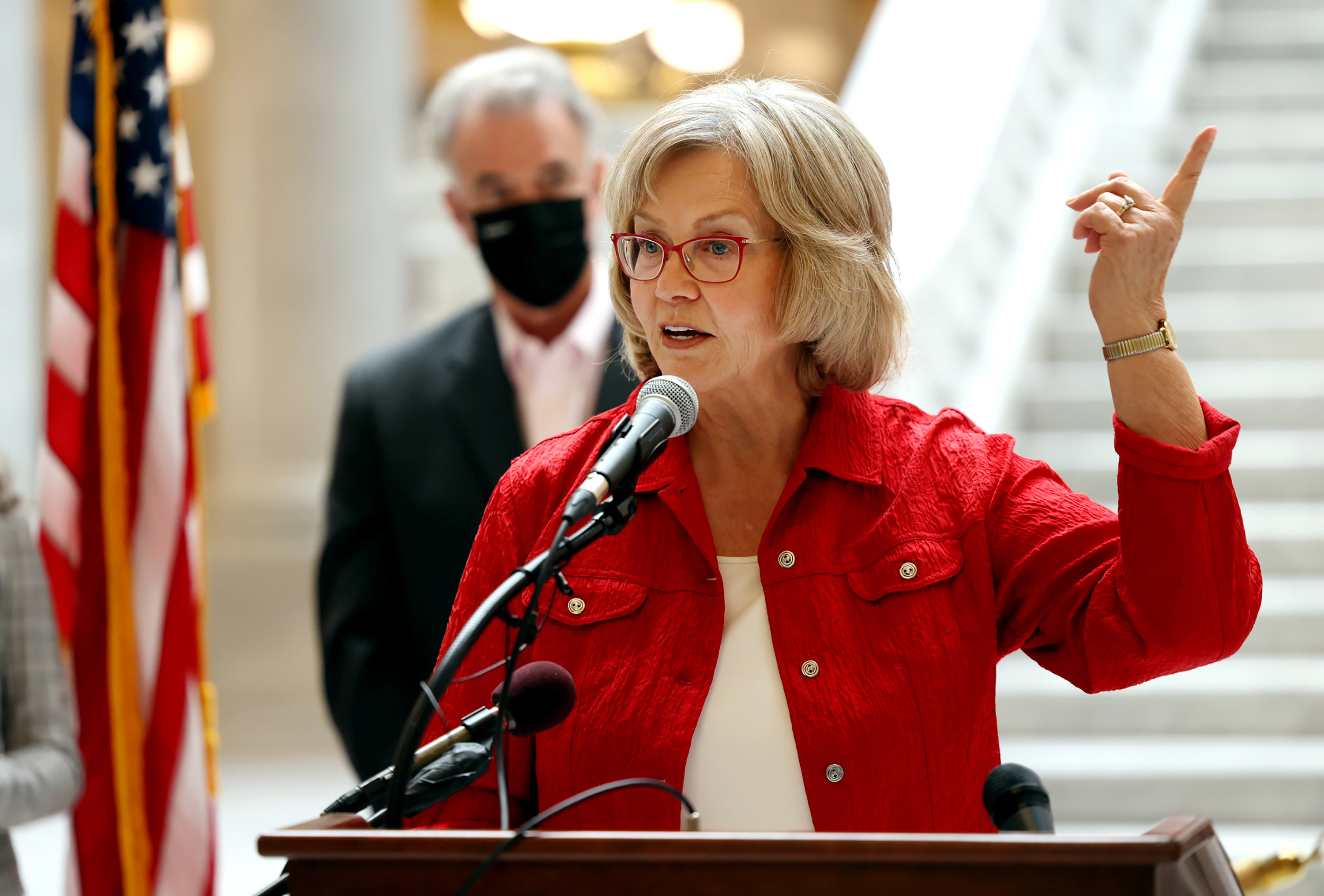 Sheryl Allen, of Better Boundaries, urges lawmakers and Gov. Spencer Cox to adopt voting maps from the state's Independent Redistricting Commission during a press conference at the Capitol in Salt Lake City on Monday, Nov. 8, 2021.