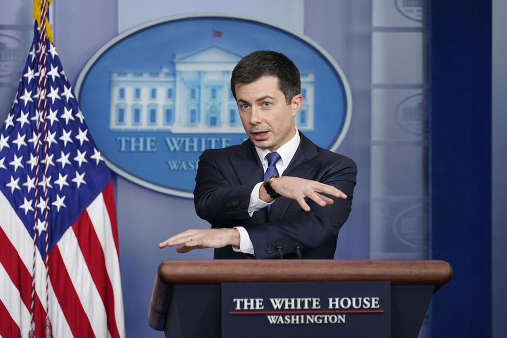 Transportation Secretary Pete Buttigieg speaks during the daily briefing at the White House in Washington, on Monday. Congress has created a new requirement for automakers: find a high-tech way to keep drunken people from driving cars. It's one of the mandates along with a burst of new spending aimed at improving auto safety amid escalating road fatalities in the $1 trillion infrastructure package that President Joe Biden is expected to sign soon.