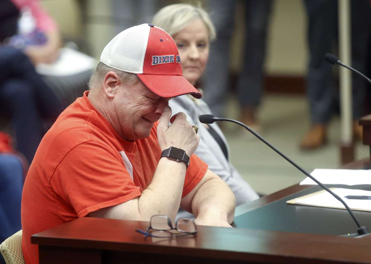 Jon Sticks Platten gets emotional as he talks about how Dixie State University saved him from suicide and how he is opposed to chaining the university’s name to Utah Tech during an Education Interim Committee hearing in the House Building at the Capitol complex in Salt Lake City on Tuesday.