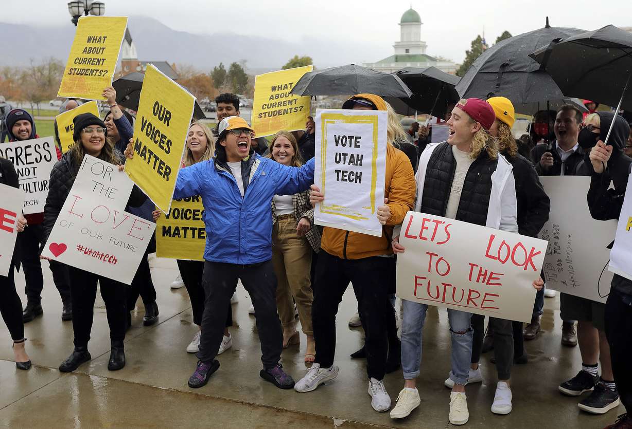 Dixie State senior Cris Patzan and other students rally in support of changing the name of the university to Utah Tech outside of the Capitol in Salt Lake City on Tuesday.