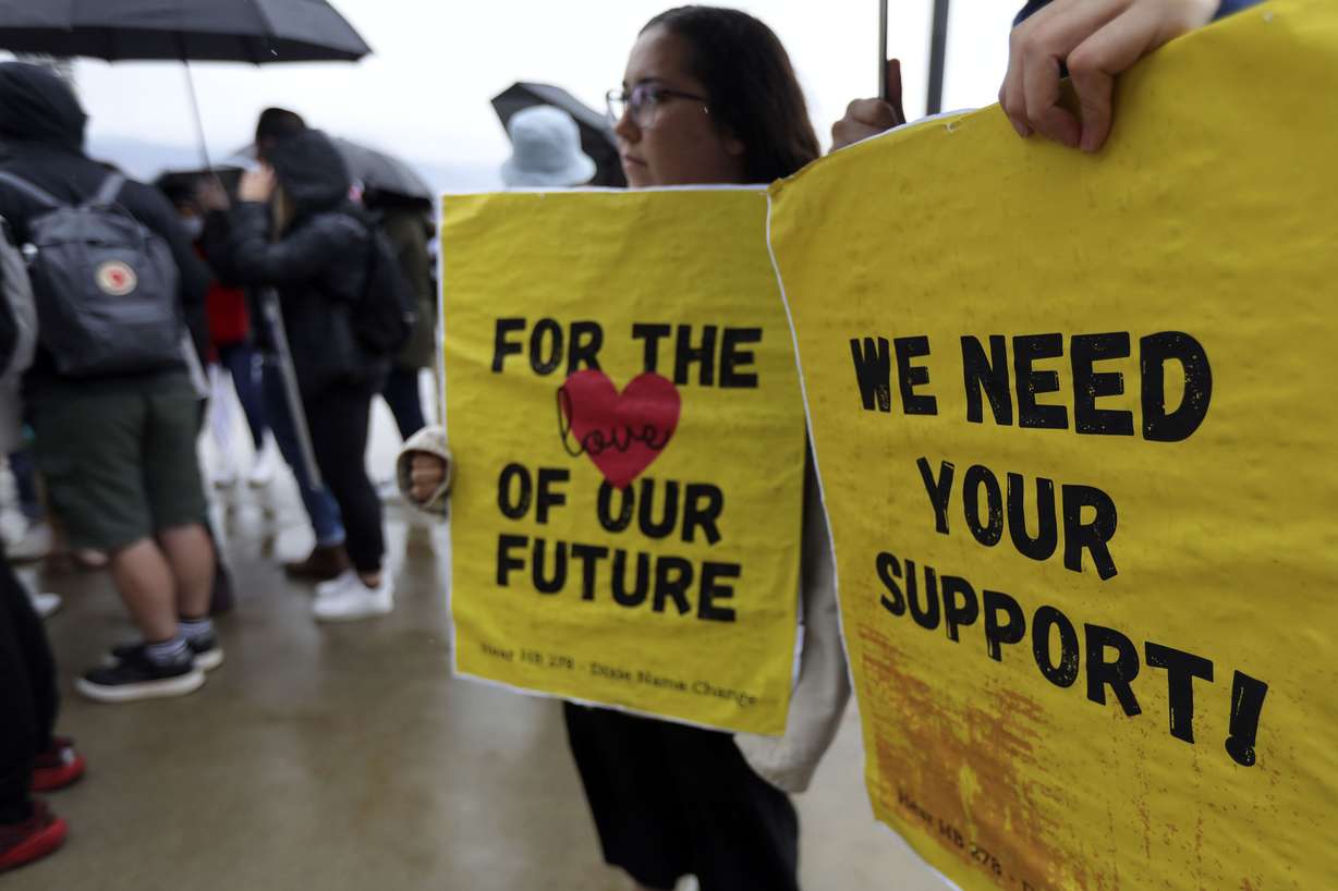 Dixie State student Tava Garibay rallies in support of changing the name of the university to Utah Tech outside of the Capitol in Salt Lake City on Tuesday.