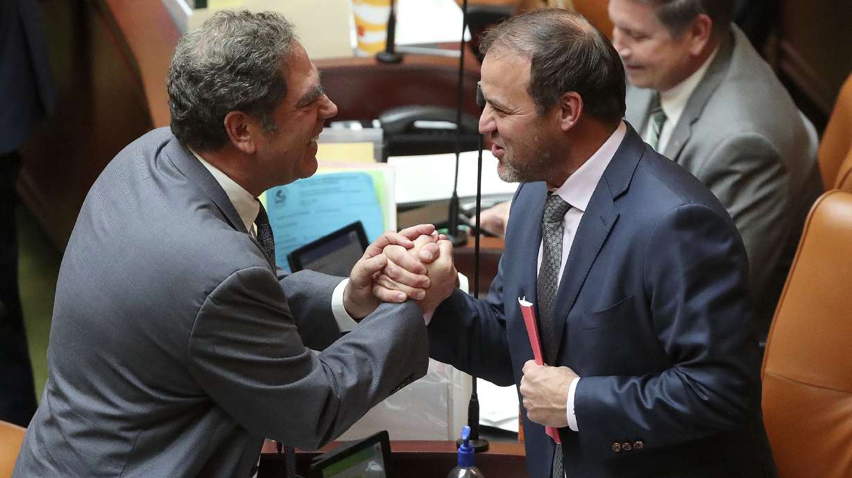House Minority Leader Brian King, D-Salt Lake City, shakes hands with newly elected House Majority Leader Mike Schultz, R-Hooper, in the House chamber before a special legislative session at the Capitol in Salt Lake City on Tuesday.