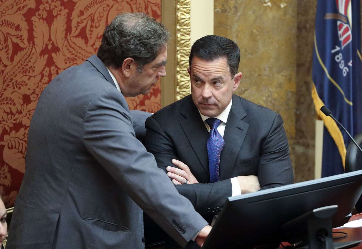 House Minority Leader Brian King, D-Salt Lake City, talks to House Speaker Brad Wilson, R-Kaysville, in the House chamber during a special legislative session at the Capitol in Salt Lake City on Tuesday.