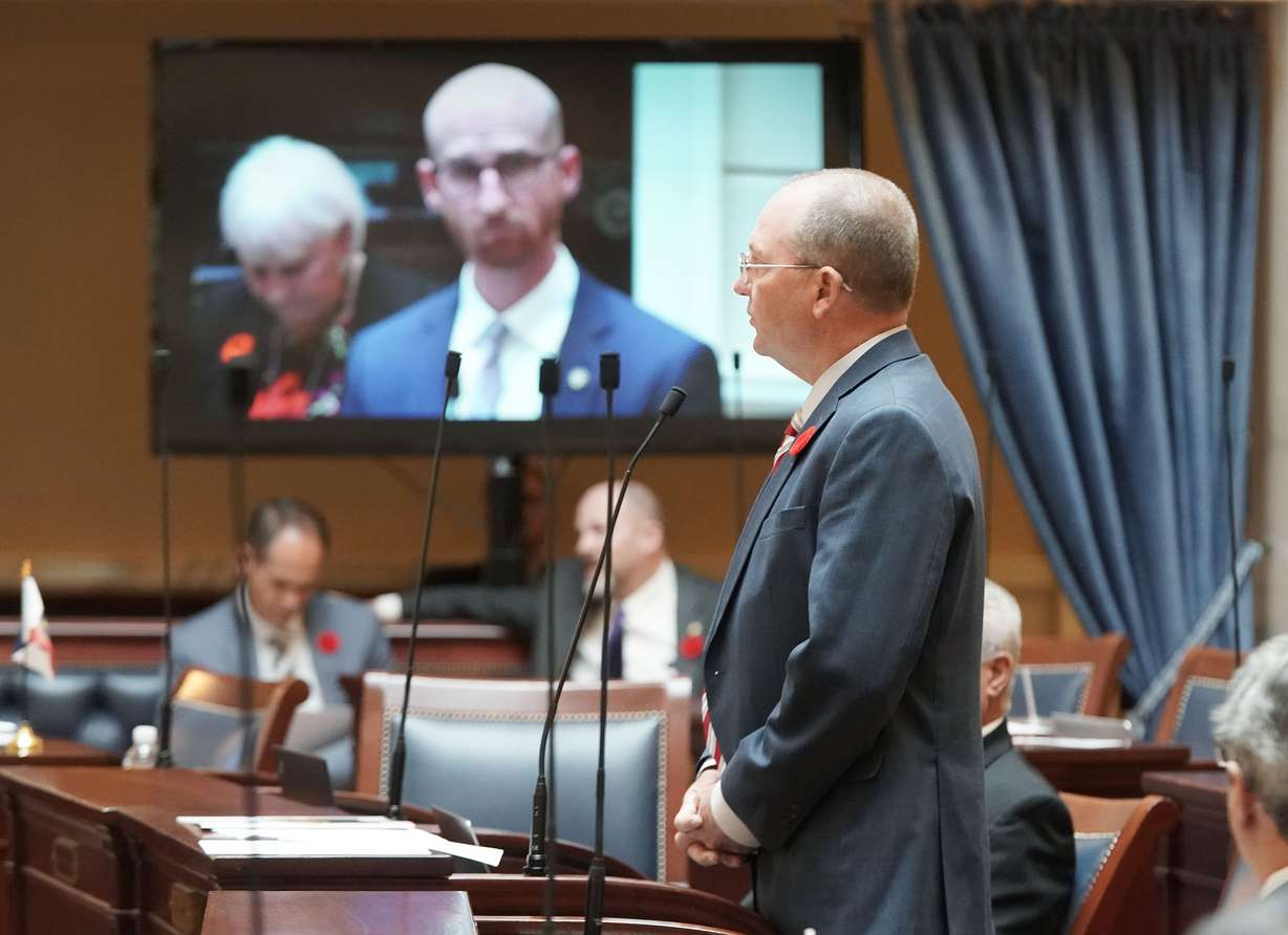 Sen. Scott Sandall, R-Box Elder, discusses the state's new congressional maps as Sen. Derek Kitchen, D-Salt Lake City, is pictured on a monitor during a special session of the Legislature at the Capitol in Salt Lake City on Wednesday.