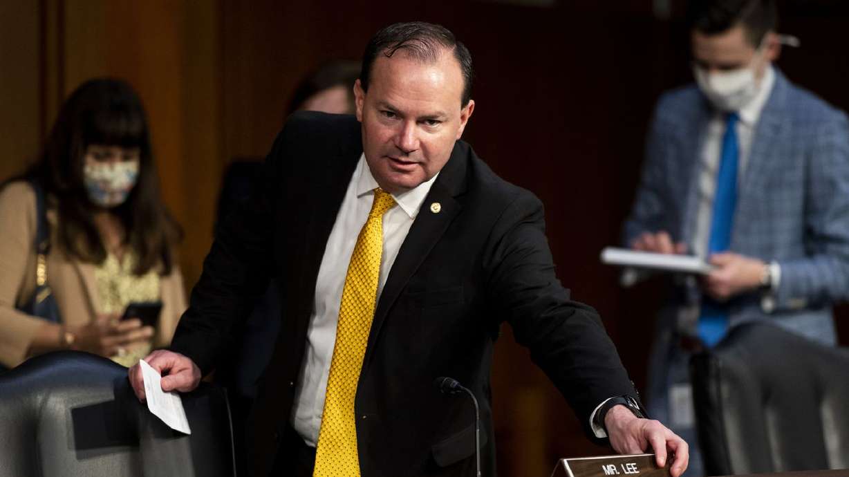 Sen. Mike Lee, R-Utah., arrives for a Senate Judiciary
Committee hearing on voting rights on Capitol Hill in Washington on April 20. Lee, who described a Democratic election
reform bill as being written "by the devil himself,” received a
failing grade from civil rights groups that strongly back the
legislation.