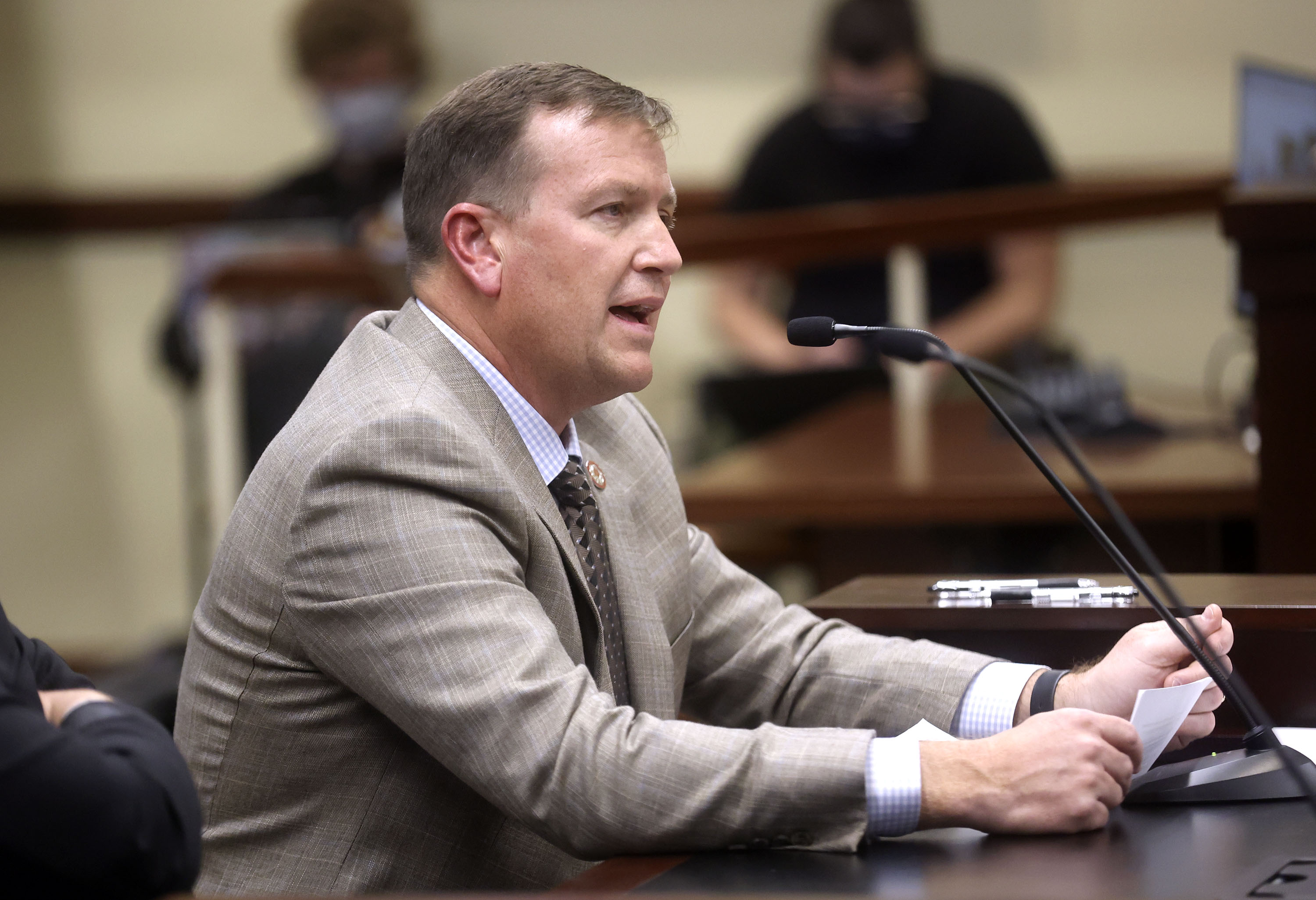 Dixie State University president Richard “Biff” Williams talks in support of changing the name of Dixie State University to Utah Tech during an Education Interim Committee hearing in the House Building at the Capitol complex in Salt Lake City on Tuesday.