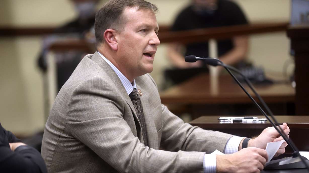 Dixie State University president Richard “Biff” Williams talks in support of changing the name of Dixie State University to Utah Tech during an Education Interim Committee hearing in the House Building at the Capitol complex in Salt Lake City on Tuesday.