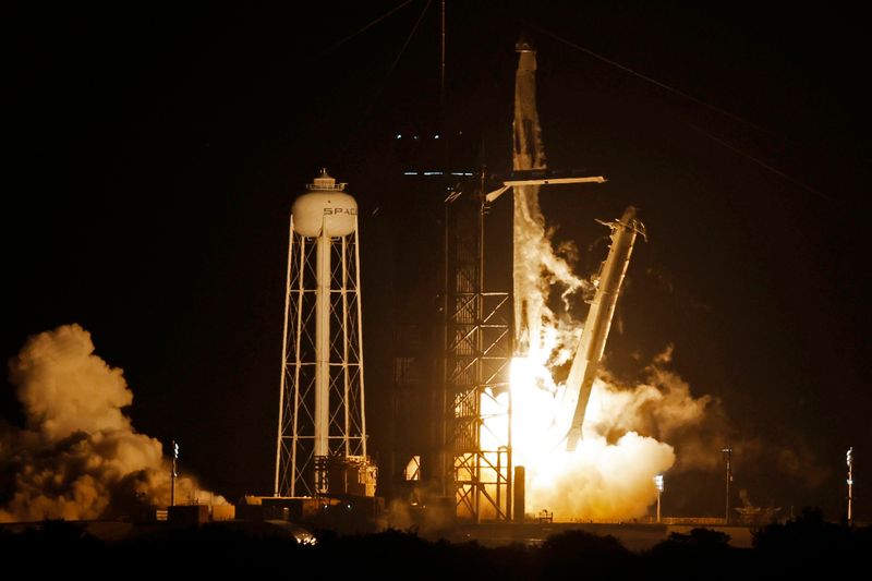 A SpaceX Falcon 9 rocket, with the Crew Dragon capsule, is launched carrying three NASA and one ESA astronauts on a mission to the International Space Station at the Kennedy Space Center in Cape Canaveral, Florida, Wednesday.