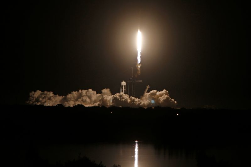 A SpaceX Falcon 9 rocket, with the Crew Dragon capsule, is launched carrying three NASA and one ESA astronauts on a mission to the International Space Station at the Kennedy Space Center in Cape Canaveral, Florida, Wednesday.